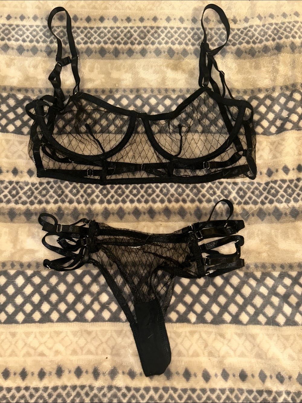 Sexy Demi sheer underwire bra with triple side high thong panties. Sz large